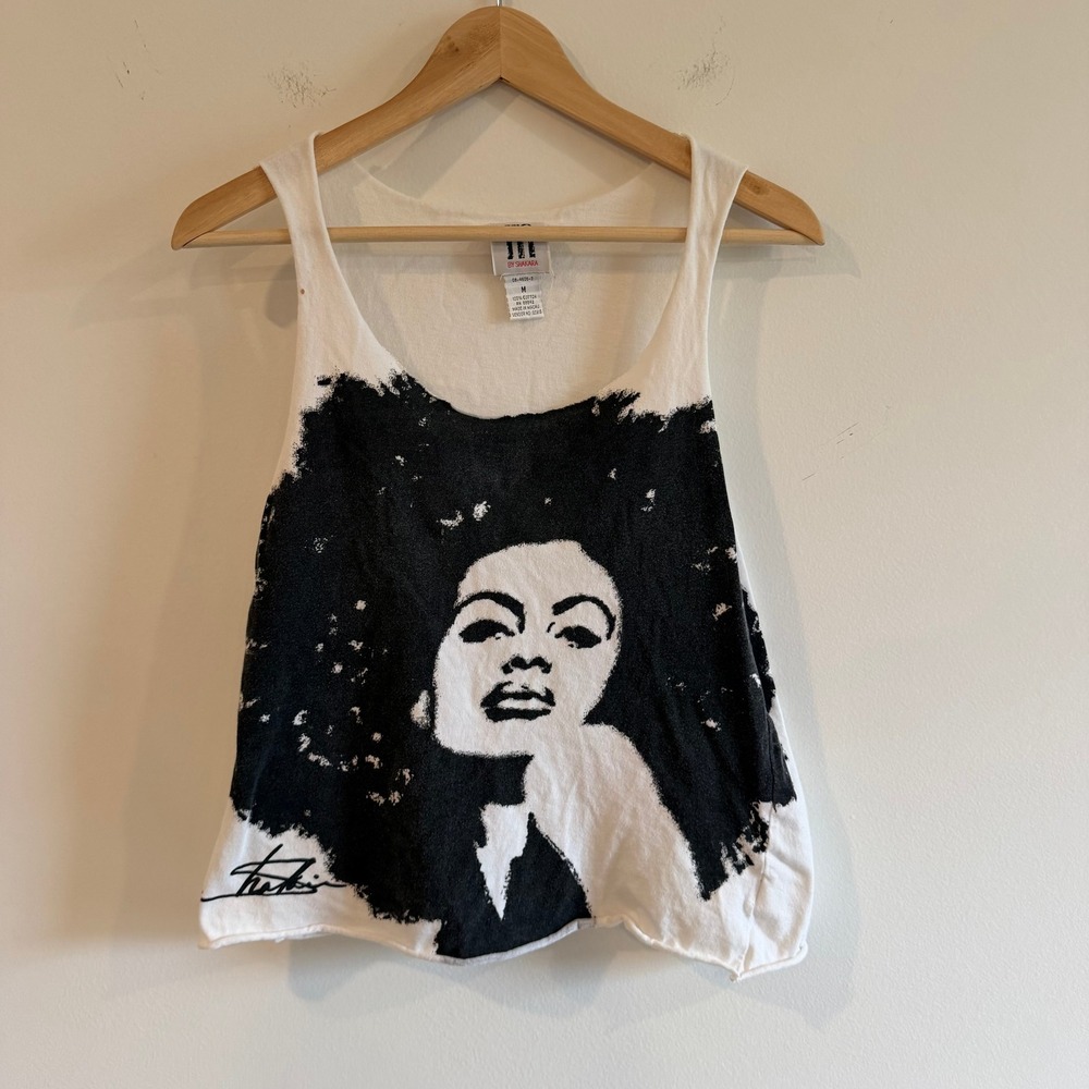 Vintage 90s Y2K BlackWhite Graphic Cut Off Tank Top T-Shirt Medium Afro Woman